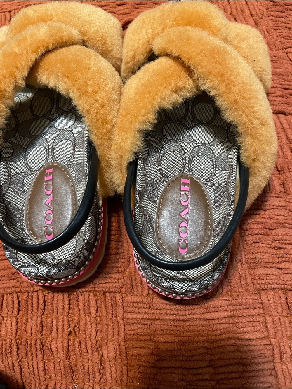 Coach Tally Orange Shearling Cross-Band Slingbacks with Signature Canvas - Picture 5 of 13